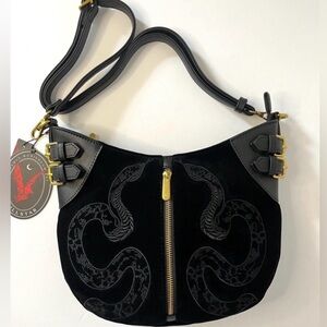 Killstar Black Adder Snake Faux Leather Black Velvet Gold Trim Shoulder Bag Goth